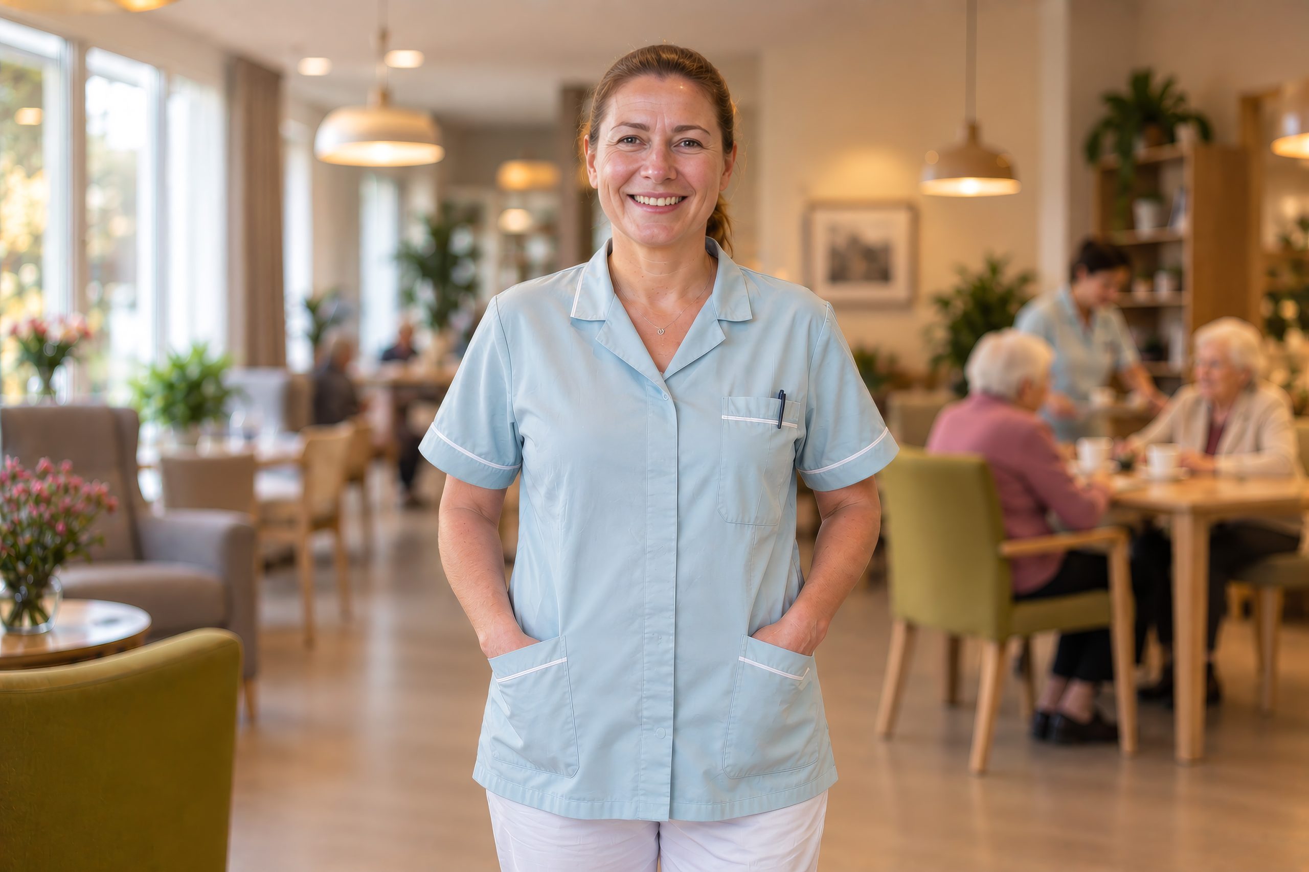 Glimlachende zorgmedewerker in een lichte huiskamer van een zorglocatie