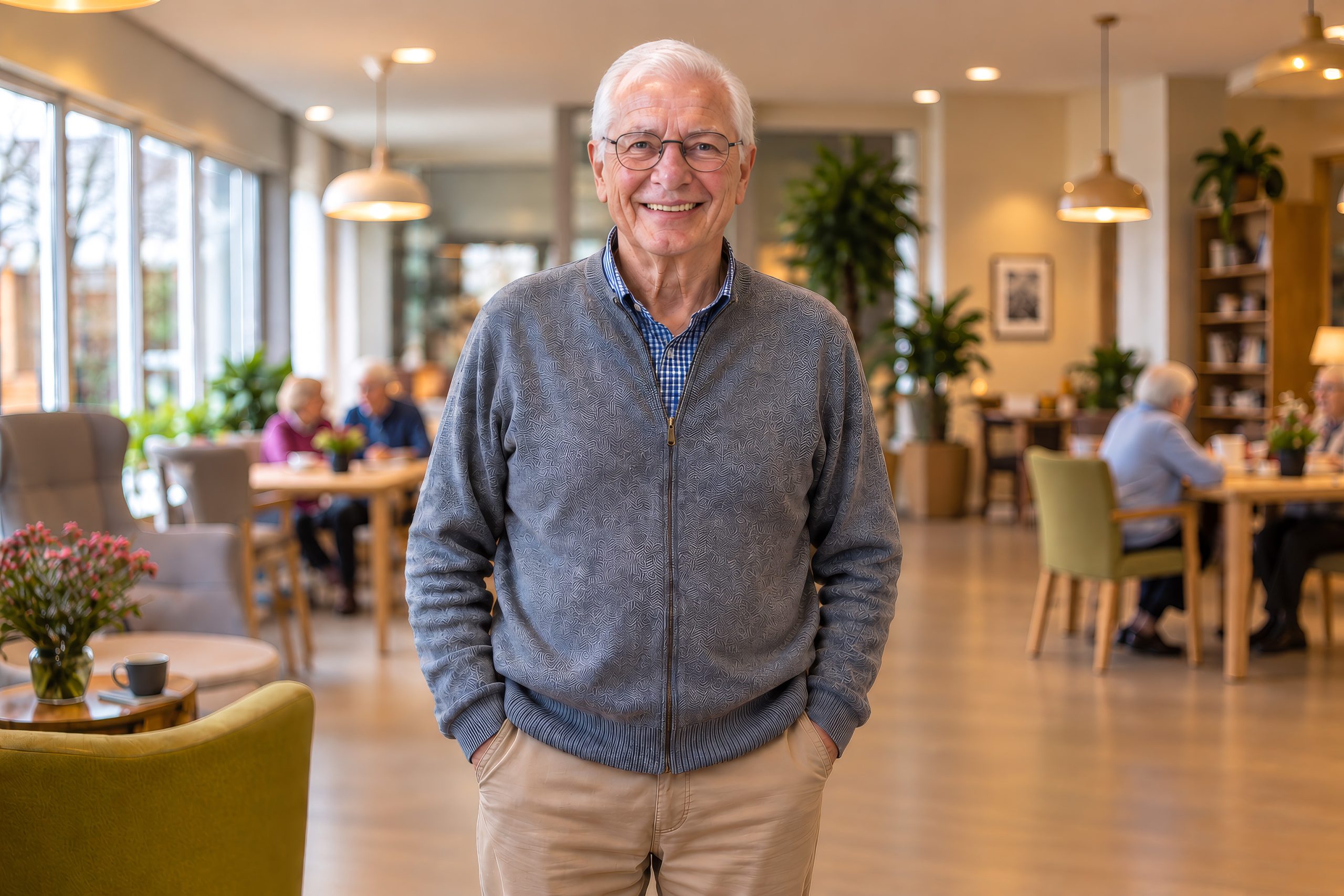 Glimlachende oudere man in een lichte huiskamer van een zorglocatie